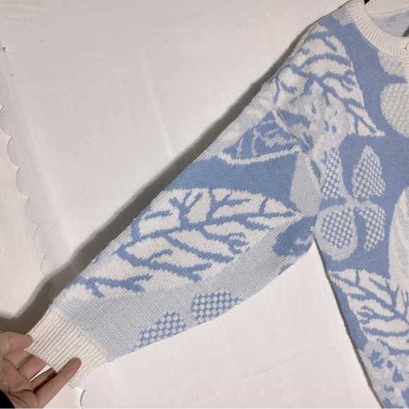 Vintage Blue White Leaf Print Jacquard Button Up Cardigan M - Picture 9 of 14